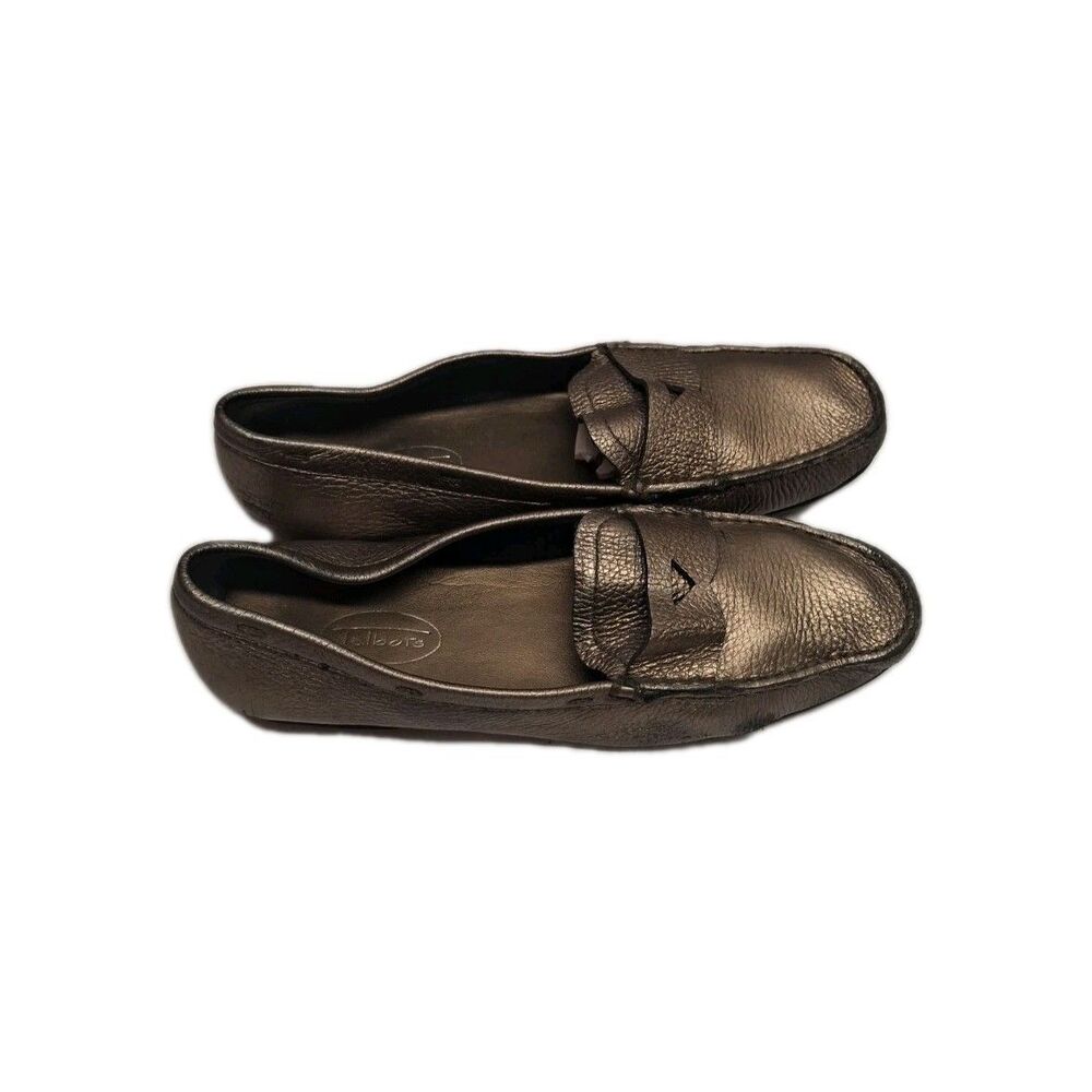 Talbots Loafers Pebbled Gold Leather Round Moc Toe Block Heel Flat Shoes Size8.5